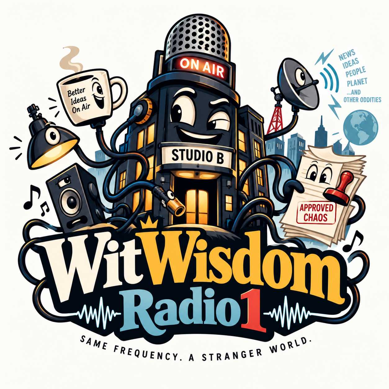 Cartoon illustration of the WitWisdom Radio 1 studio building — a smiling microphone tower labelled Studio B, surrounded by a coffee mug, lamp, speaker, satellite dish and a stamp marked Approved Chaos