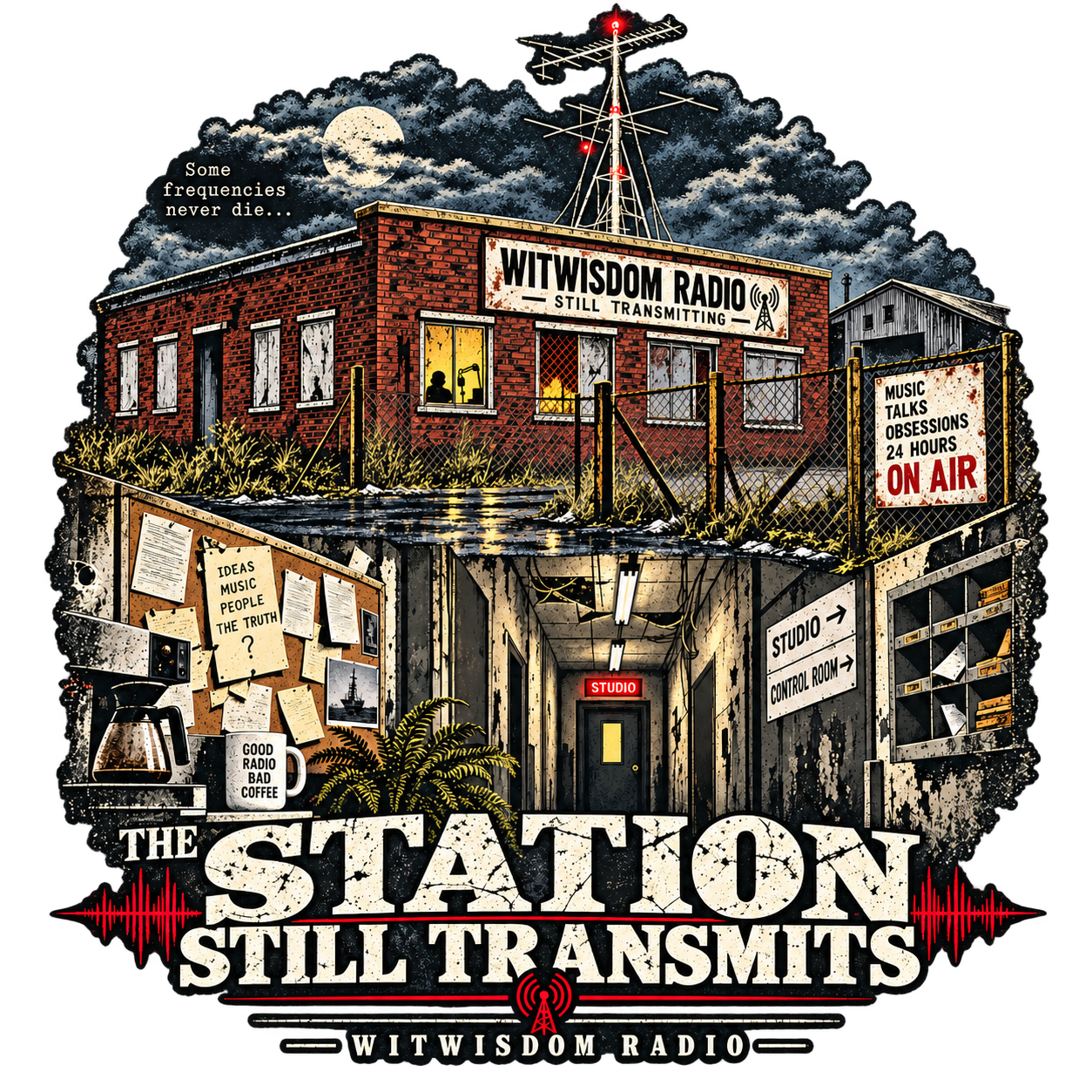 Illustration of the WitWisdom Radio building at night — a boarded-up brick studio with an antenna on the roof, still transmitting